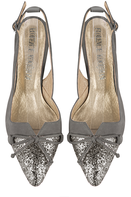 Dark silver and dove grey women's open back shoes, with a knot. Tapered toe. Medium spool heels. Top view - Florence KOOIJMAN